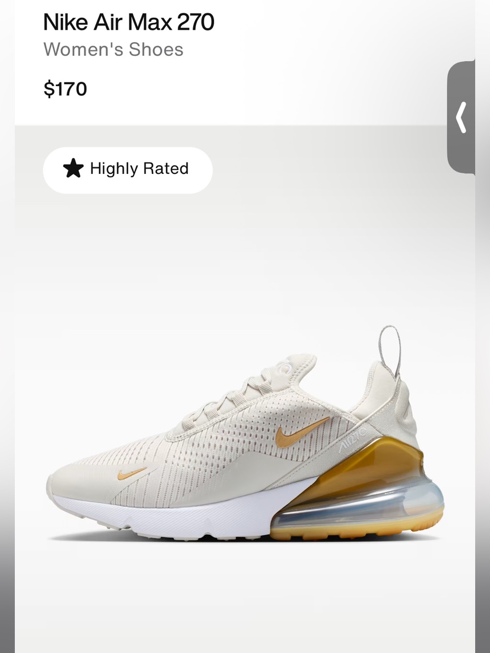 Nike Air Max 270 Women's Sneakers — Cream with Gold Accents